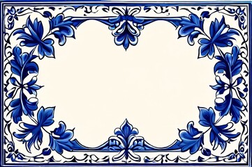 Blue and white tiles with Gzhel style ornaments, copy space