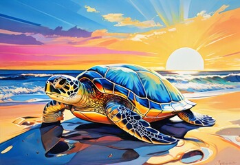 Sea turtle in water with sun glare in gouache