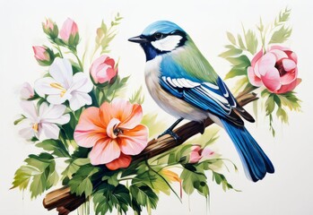 Blue tit bird sitting on a tree branch with bright gouache flowers, watercolor - obrazy, fototapety, plakaty