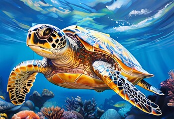 Sea turtle in water with sun glare in gouache