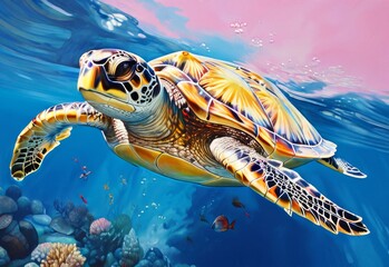 Fototapeta premium Sea turtle in water with sun glare in gouache