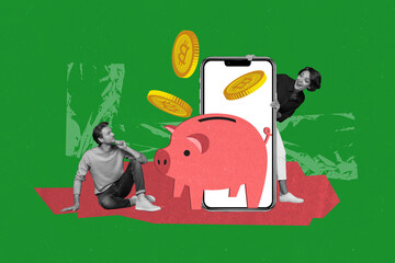 Composite photo collage of two colleagues girl peek iphone screen man sit bitcoin piggy bank crypto nft isolated on painted background