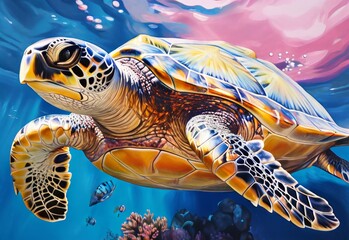 Sea turtle in water with sun glare in gouache - obrazy, fototapety, plakaty