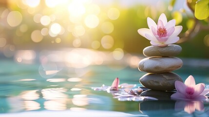 Tranquil spa setting with stacked stones, white flower, candle, and lush greenery by serene water, conveying relaxation and wellness.