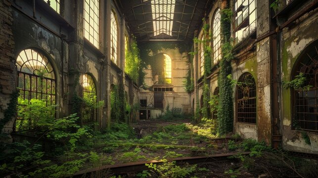 An abandoned factory reclaimed by nature with vines creeping up crumbling walls  AI generated illustration