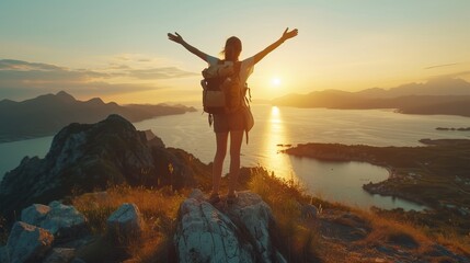 Woman with backpack standing on a mountain at sunset, arms raised in victory.
