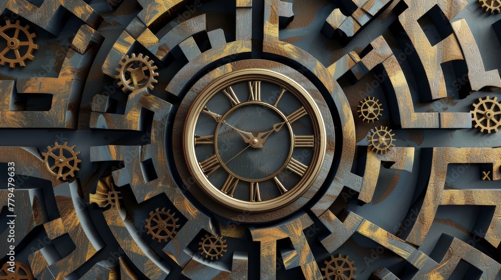Poster an abstract concept of time represented as a maze of rotating gears ai generated illustration