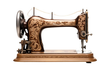 Antique Sewing Machine on Wooden Stand. On a White or Clear Surface PNG Transparent Background.