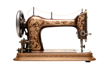 Antique Sewing Machine on Wooden Stand. On a White or Clear Surface PNG Transparent Background.