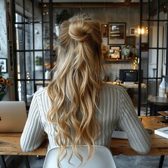 A long-haired blonde woman types diligently on her laptop in a perfect home office background.