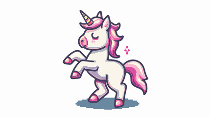 Pixel art bit dancing happy unicorn with pink hair flat