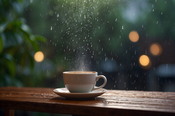 A cup of coffee in a rainy day - obrazy, fototapety, plakaty