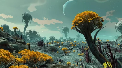 Fotobehang An alien landscape filled with strange flora and fauna  AI generated illustration © Olive Studio