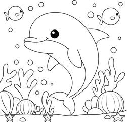 Cute dolphin with background coloring page for kids. Funny animal outline illustration