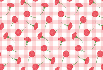 seamless pattern with carnations and gingham plaid for greeting cards, flyers, social media wallpapers, etc. 