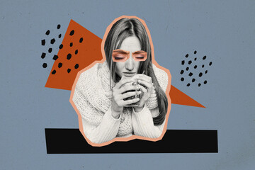 Composite photo collage of upset frozen girl drink hot tea cup pause warm scarf sweater depression loneliness isolated on painted background - obrazy, fototapety, plakaty