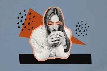  Composite photo collage of upset frozen girl drink hot tea cup pause warm scarf sweater depression loneliness isolated on painted background © deagreez