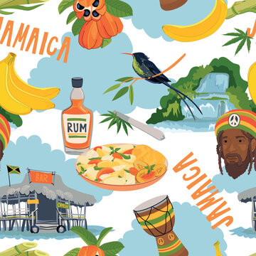 Seamless pattern in Rasta colors. Jamaican vector pattern. Rum, ackee fruit, hummingbird, waterfall, beach bar, rastafarian, giant drum in flat style on white background.