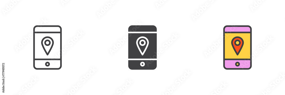 Poster Smartphone with map pin different style icon set