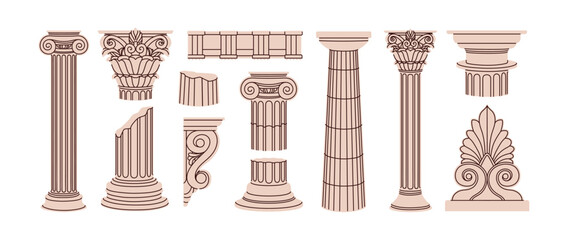 Fototapeta premium Greek antique architecture elements set. Ancient columns, Roman pillars and vintage constructions. Hand-drawn old classic architectural structures. Vector illustration isolated on white background
