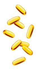 Falling Fish oil pill, omega 3, isolated on white background, full depth of field