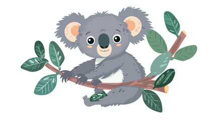 Koala Bear On Wood Branch With Green Leaves