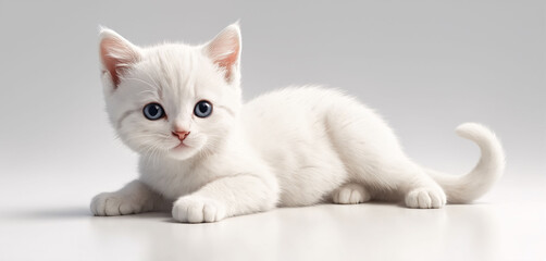 Adorable and cute fluffy white cat playing on a white background
