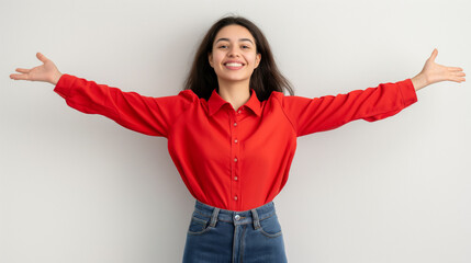 Full length photo of cheerful positive lady dressed red shirt standing hands arms waist isolated white color background High resolution professional photography - obrazy, fototapety, plakaty