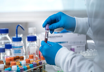 Scientist holding blood sample tube in laboratory