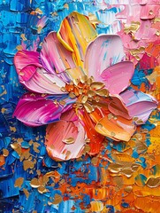 Vibrant abstract, oil petals and butterfly with gold accents, palette knife technique, reminiscent of ceramic street art