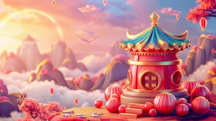 Fototapeta premium Spring Festival backdrop featuring elements of Chinese New Year, perfect for a lucky draw event