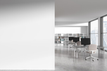 White open space office interior with blank wall