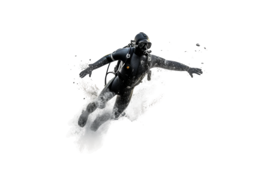 Man in Wet Suit Snowboarding. On a White or Clear Surface PNG Transparent Background.