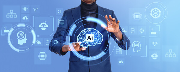 African businessman hands touch AI hologram with brain icon and indicators