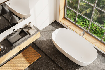 White bathroom with tub and sink, top view