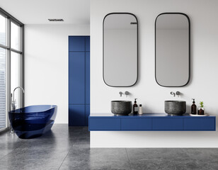 White and dark blue bathroom interior with tub and double sink