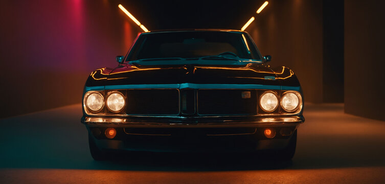 A vintage muscle car, on the road at night in the 80s