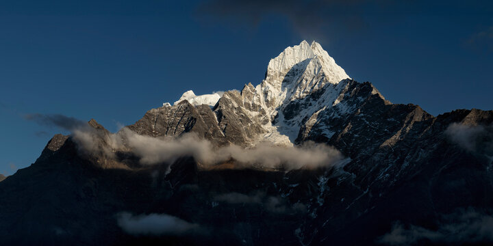 Nepal, Khumbu,Ama Dablam and Kangtega mountains at dusk