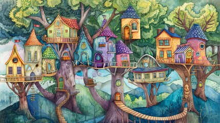 An imaginative drawing of a treehouse village  AI generated illustration