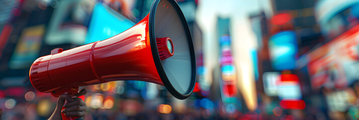 Glowing red megaphone with blurred bokeh cityscape in background, City Protest: Glowing Megaphone Amid Blurred Bokeh Cityscape - obrazy, fototapety, plakaty