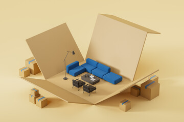Cardboard box with home living room, moving house and delivery - obrazy, fototapety, plakaty