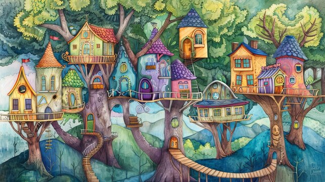 An imaginative drawing of a treehouse village  AI generated illustration