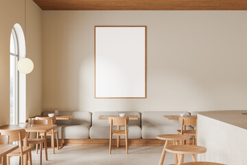 White cafe interior with arched windows and poster - obrazy, fototapety, plakaty