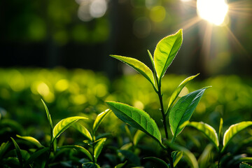 close up Green tea leaf shoots, Background morning light