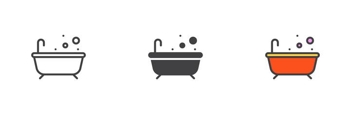 Bathtub with bubbles different style icon set