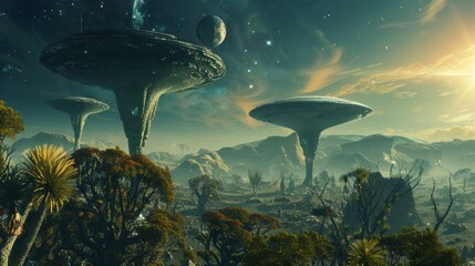 Fototapeta na wymiar An otherworldly alien planet with strange flora and fauna AI generated illustration