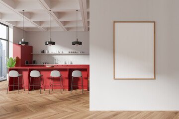 Obraz premium Modern kitchen interior with a blank poster on the wall, wooden floor, and red cabinets, concept of a home decor template. 3D Rendering
