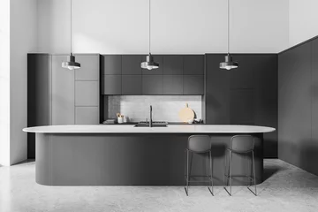 Tuinposter White and gray kitchen interior with island © ImageFlow