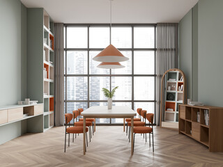 Green dining room interior with bookcase - obrazy, fototapety, plakaty
