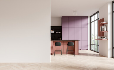 White and purple kitchen interior with island and blank wall - obrazy, fototapety, plakaty